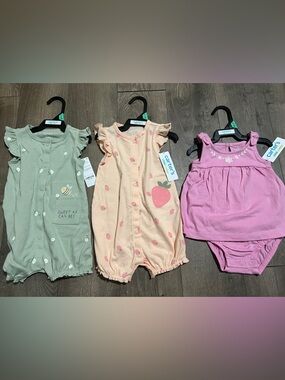 3 Carters Girls Rompers Size 6-9 Months New